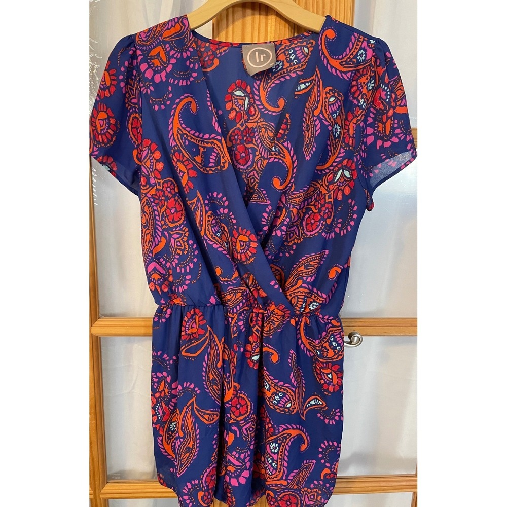 Floral Paisley Print Romper Sz M Orange Pink V-Neck Elastic Waist USA Made - Picture 2 of 12